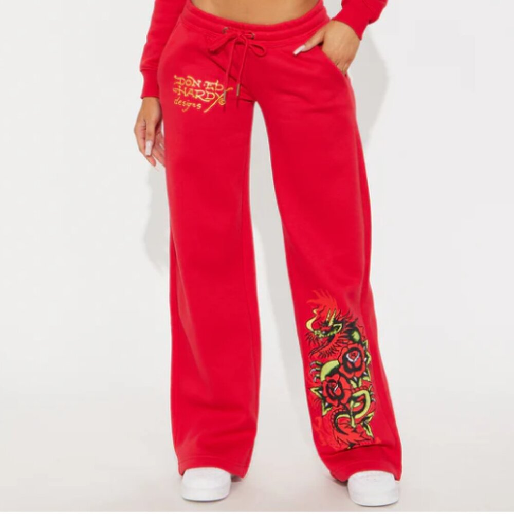 Ed Hardy Dragon Heart Wide Leg Pant - Red